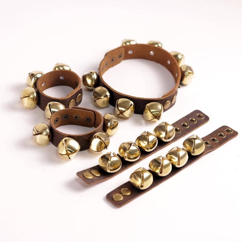 Fishknow Set of 6 Leather Jingle Bell Straps – Wrist & Ankle Bells, Folk Dance & Christmas Costume – Handmade Adjustable Brown Leather with Golden Sleigh Bells - Image 1